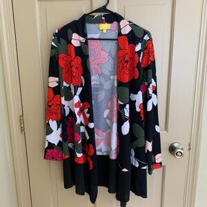 Liz Lange Womens Size Large Black and Vibrant Red Florals Cardigan Sweater